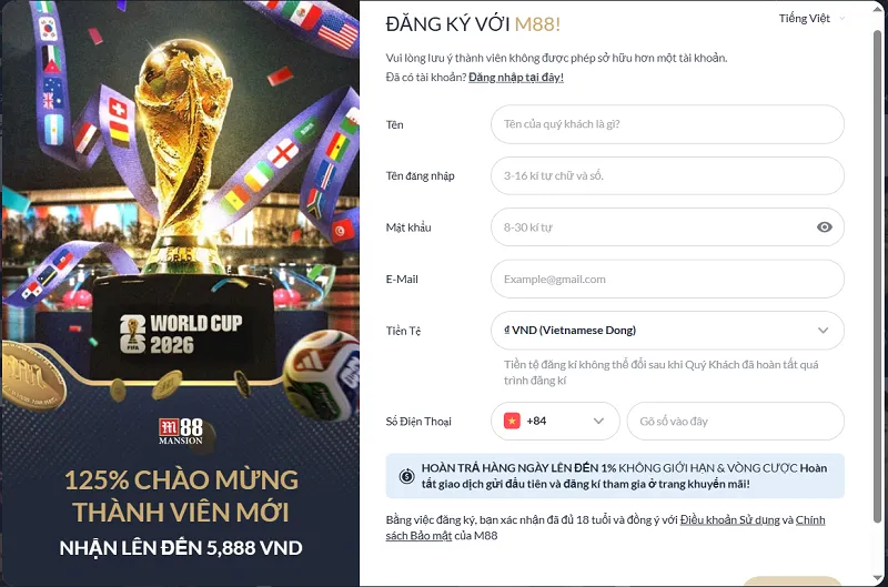 thông tin đăng ký M88