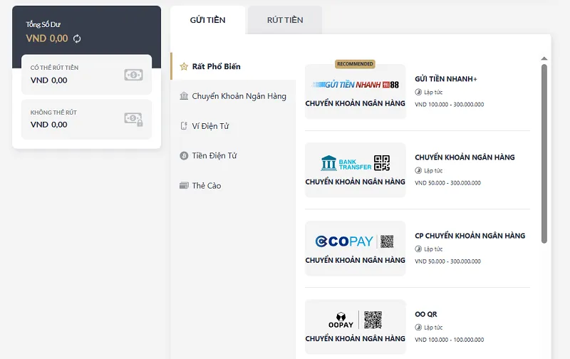 Chuyển tiền M88 bằng ngân hàng